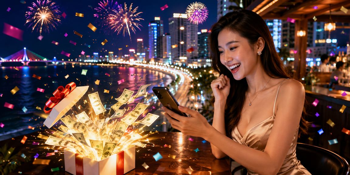 Người dùng dùng ứng dụng casino trên điện thoại trong không khí lễ hội Đà Nẵng
